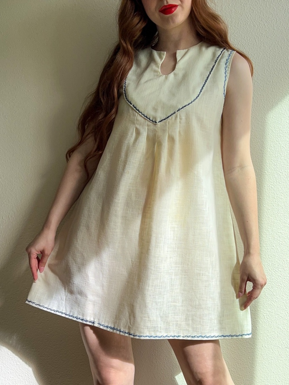 Vintage 1960s Sheer Ivory Summer Dress With Blue Trim (S/M)